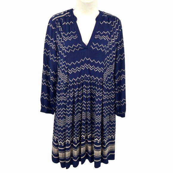 ANTHROPOLOGIE HOLDING HORSES NAVY BLUE & BEIGE CHEVRON PRINT DRESS - S - Picture 2 of 5